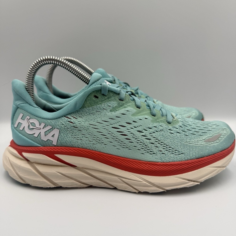 Hoka One‎ One Clifton 8 Women's Size 7D Blue Red Athletic Running Shoes Sneakers